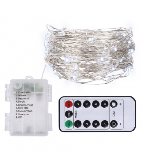 10 m 100 LEDs Function Keys + Remote Control Silver Wire String Lights White