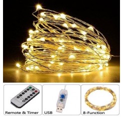 100LED 10M String Fariy Light USB Plug 8-Function Silver Wire Lamp Warm White