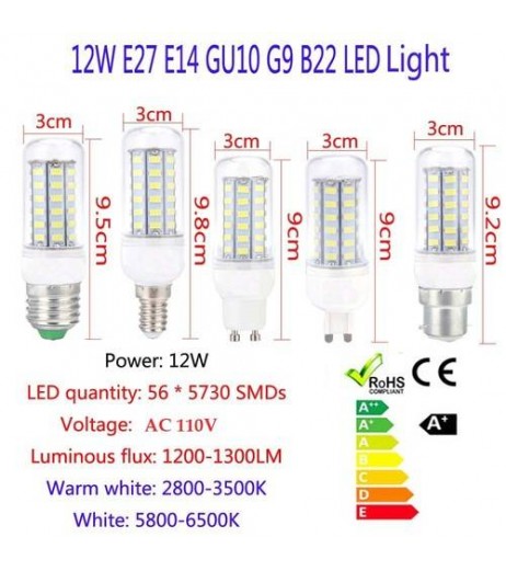 E27 12W 5730 SMD 56 LEDs Corn Light Lamp Bulb Energy Saving 360 Degree 110V