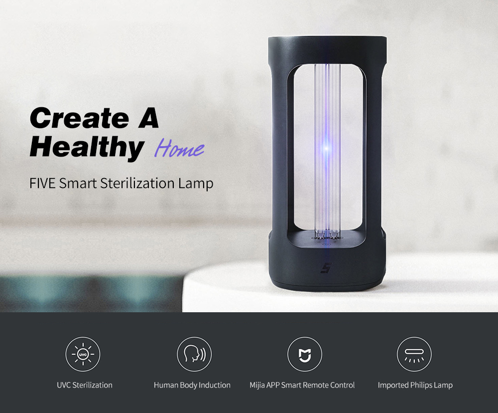 FIVE Intelligent Sterilization Lamp Light Human Body Induction UV Sterializer Support Mijia App Control / Xiao AI Voice Control - Black